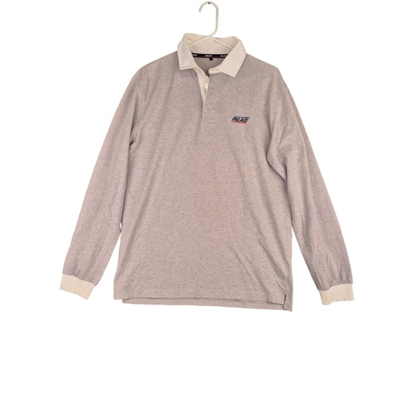 Palace Skateboards Mens Long Sleeve Rugby Top Shirt Grey White Collar Logo Large